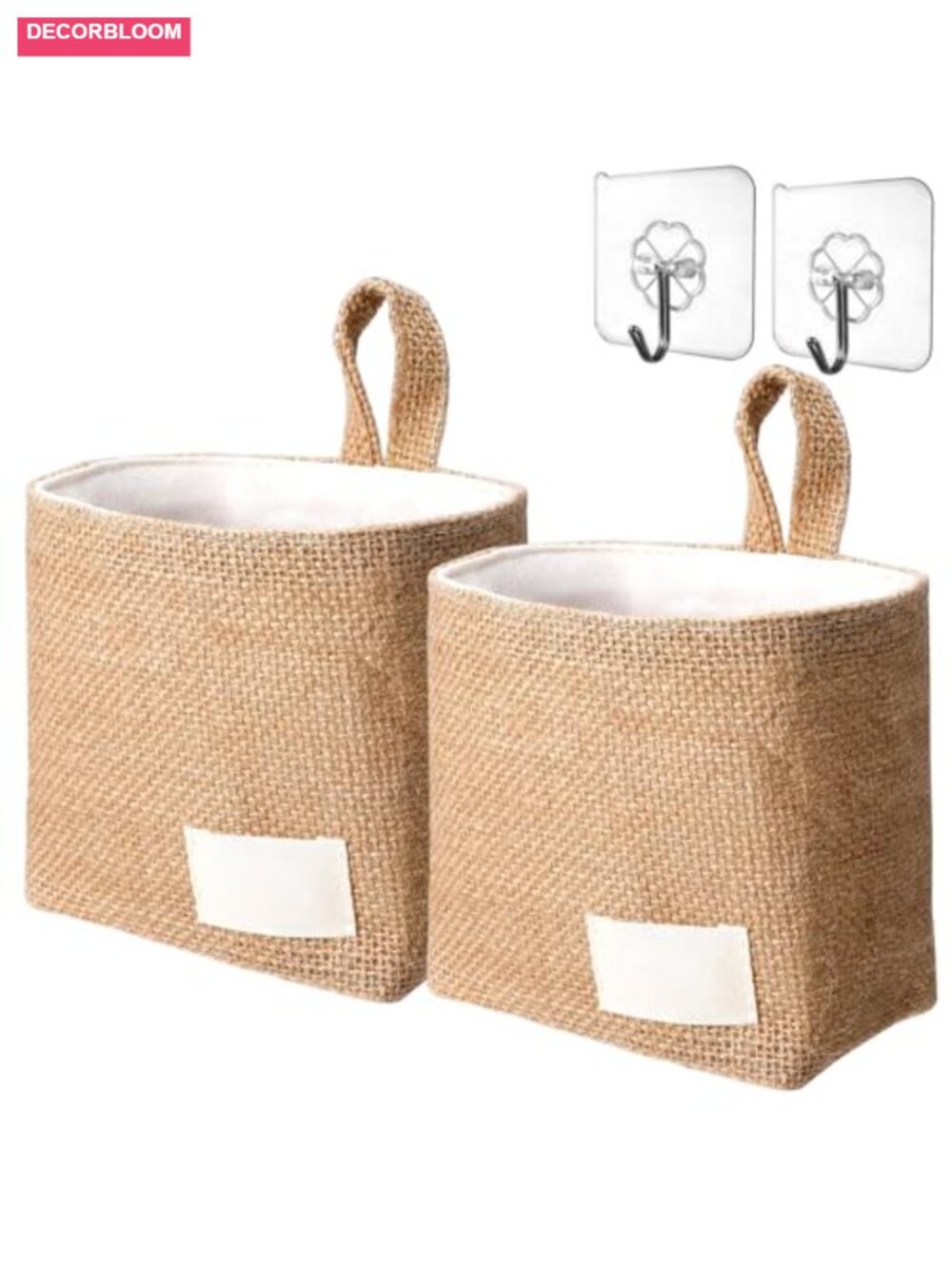 Small Wall Hanging Basket Set of 2 with Hooks, Cotton Linen Storage Organizer